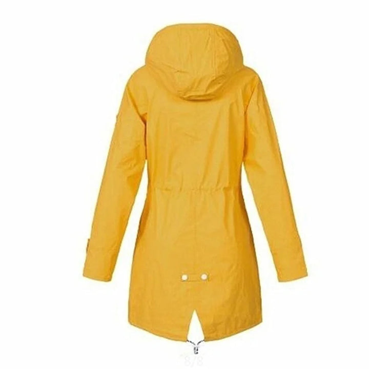 Waterproof rain jacket with hood and outer pockets