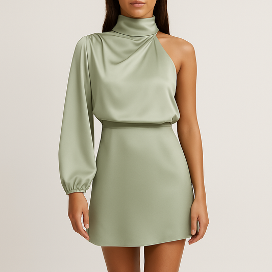 Women's - One-Shoulder Satin Dress - Elegant Evening Wear for Special Occasions - Chic and Stylish