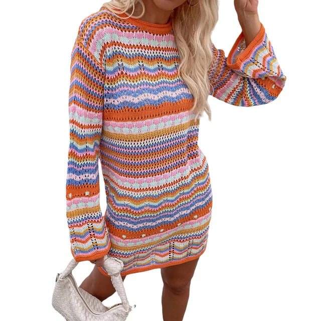 Designer Bohème striped knitted crochet jumper dress