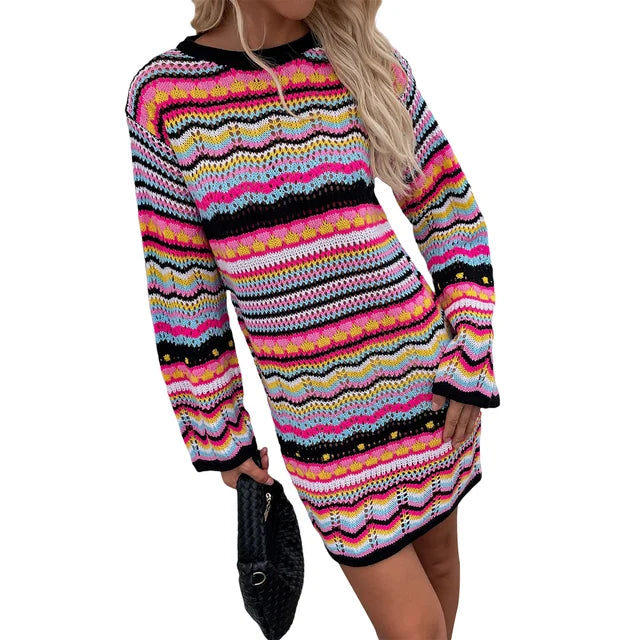 Designer Bohème striped knitted crochet jumper dress