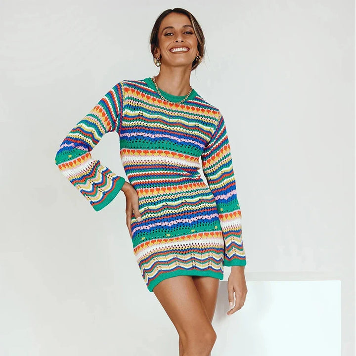 Designer Bohème striped knitted crochet jumper dress