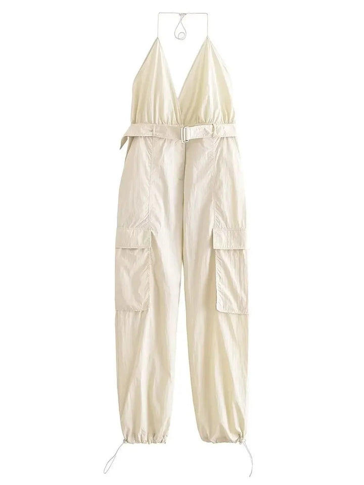 Parachute Cargo Overall With V-Neck Adjustable Drawstring Straps Patch Pockets And Belt