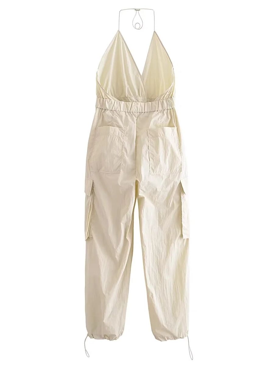 Parachute Cargo Overall With V-Neck Adjustable Drawstring Straps Patch Pockets And Belt