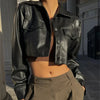 Ladies short PU leather jacket Y2K fashion with turn-down collar and button detailing