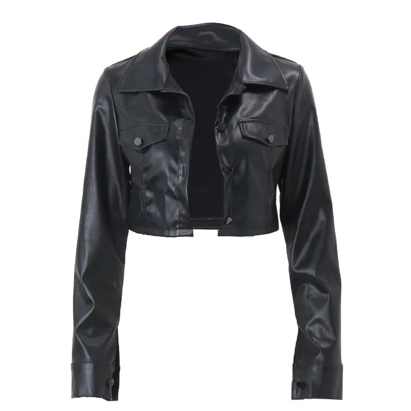 Ladies short PU leather jacket Y2K fashion with turn-down collar and button detailing