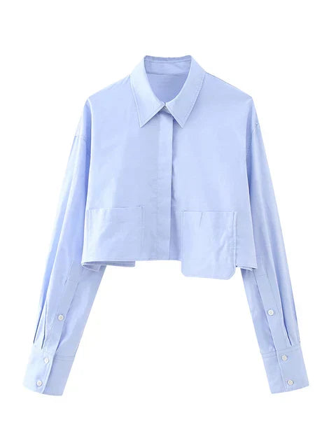 Cropped poplin shirt for women with front pocket - high-street style