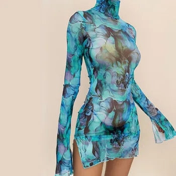 Turtleneck dress with abstract art print