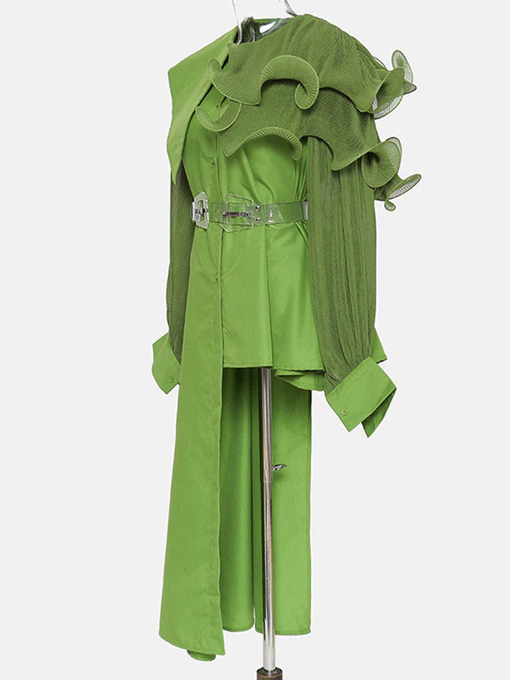 Elegant asymmetric ruffled dress in green