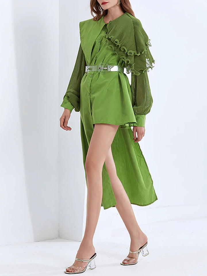 Elegant asymmetric ruffled dress in green