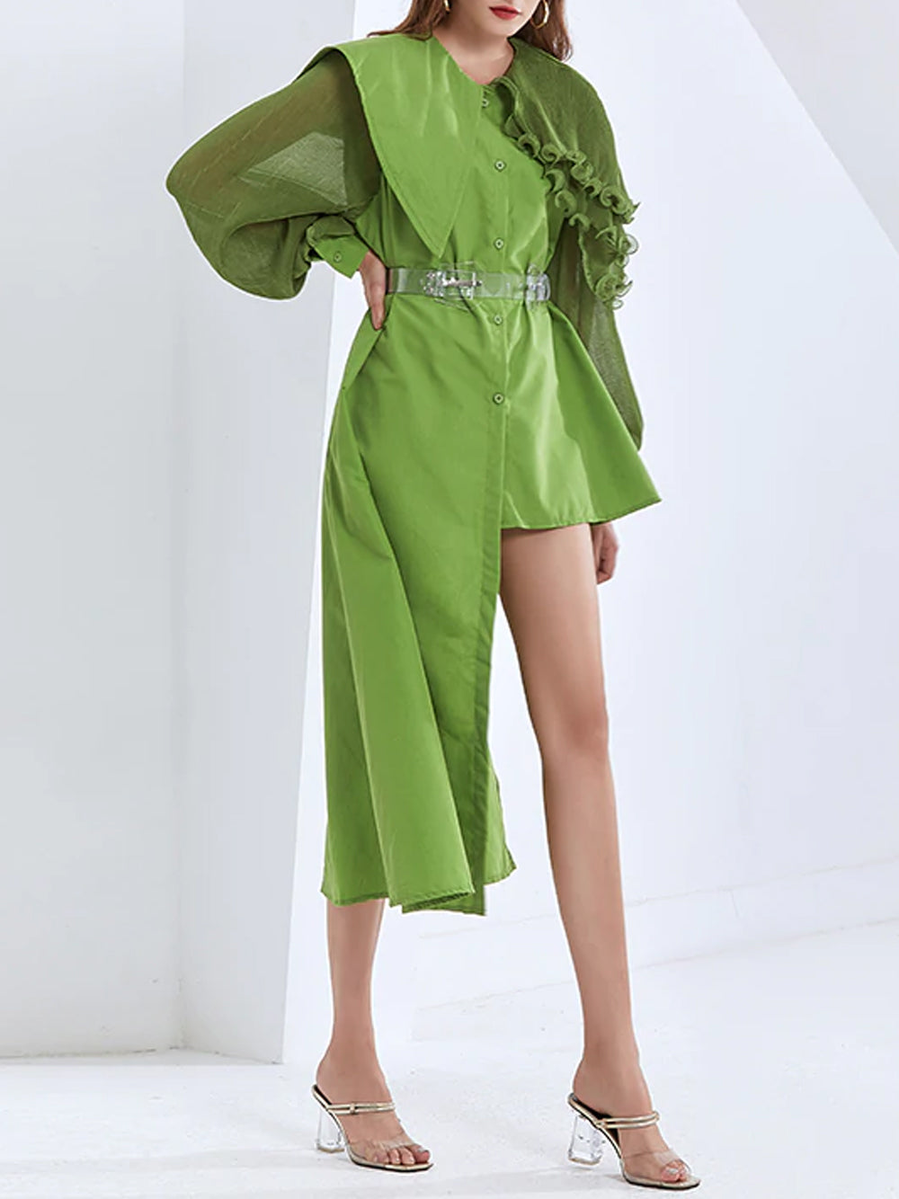 Elegant asymmetric ruffled dress in green