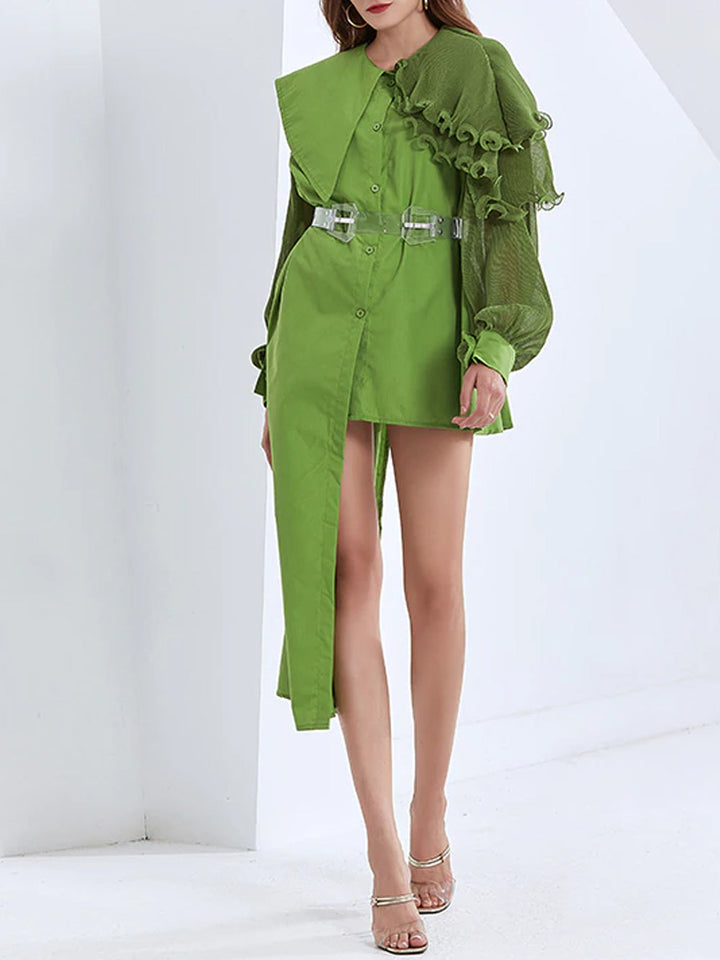 Elegant asymmetric ruffled dress in green