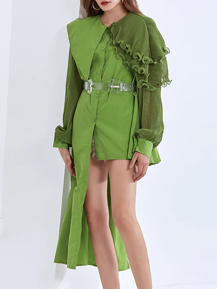 Elegant asymmetric ruffled dress in green