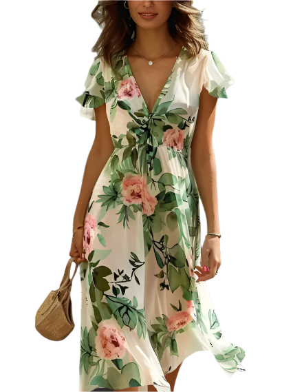 Women's - Floral Chiffon Dress with Belt - Regular Fit - Perfect for Holidays and Special Occasions