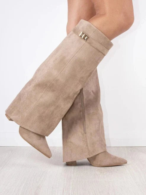 Women's - Knee-High Boots - Pointed Toe Leather Zip