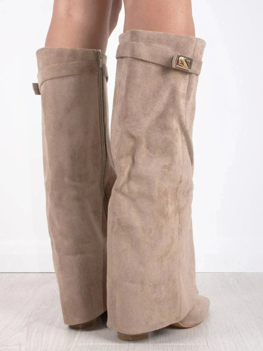 Women's - Knee-High Boots - Pointed Toe Leather Zip