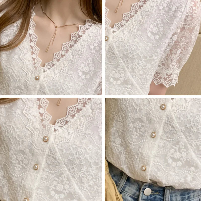 Summery blouse with a V-neckline and lace details