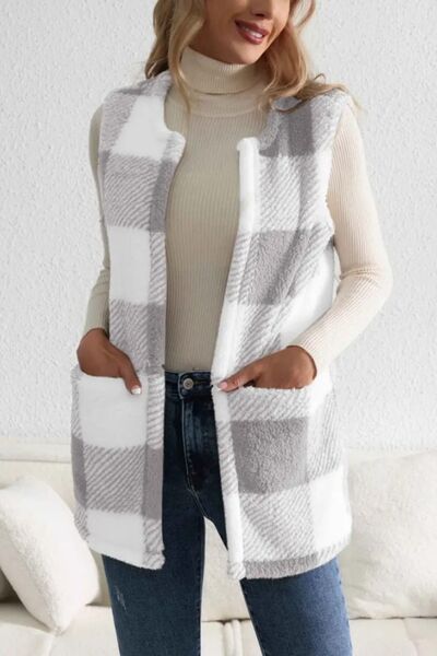 Women's - Cosy Sherpa Plaid Open Front Vest Coat - Stylish Layering Essential