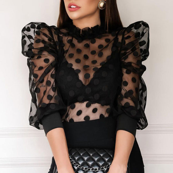 Polka Dot Net Yarn Fungus Side Collar Blouse Women