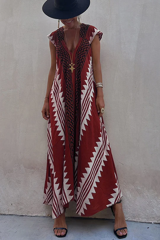 Maxi beach dress with ethnic print (in 7 colours)