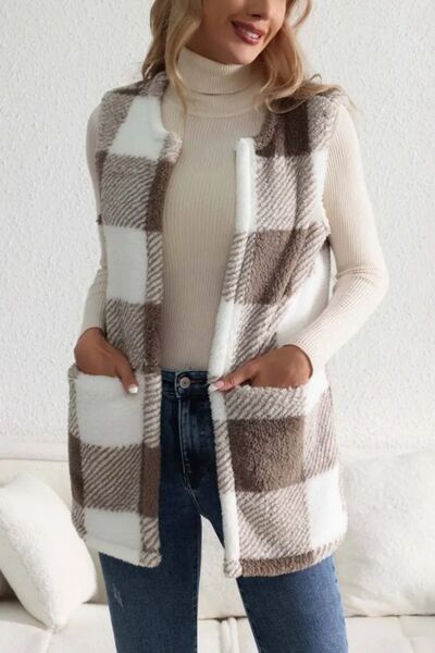 Women's - Cosy Sherpa Plaid Open Front Vest Coat - Stylish Layering Essential