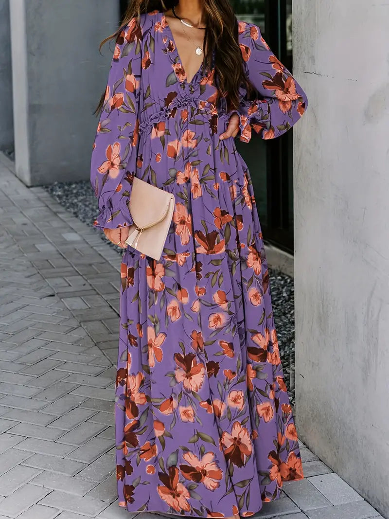 Holiday Maxi Dress With V-Neck and Long Sleeves With Floral Print