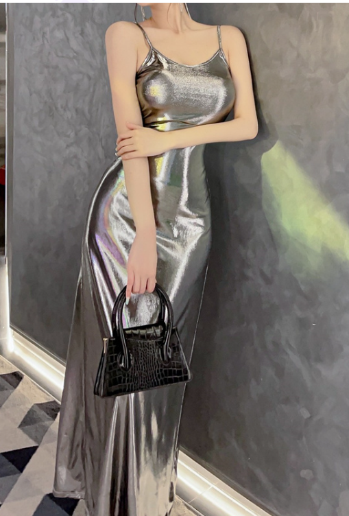 Graceful Metallic Light Suspender Dress