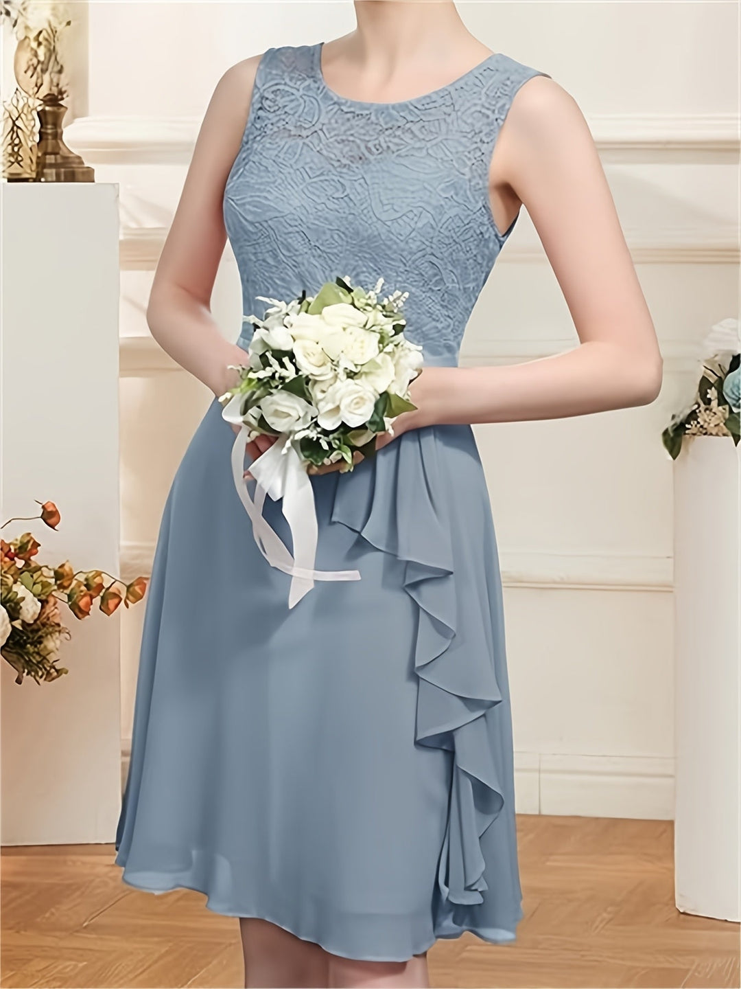Women’s - Summer Dress - Pleated A-line with Lace Patchwork - Elegant Knee-Length Round Neck Style