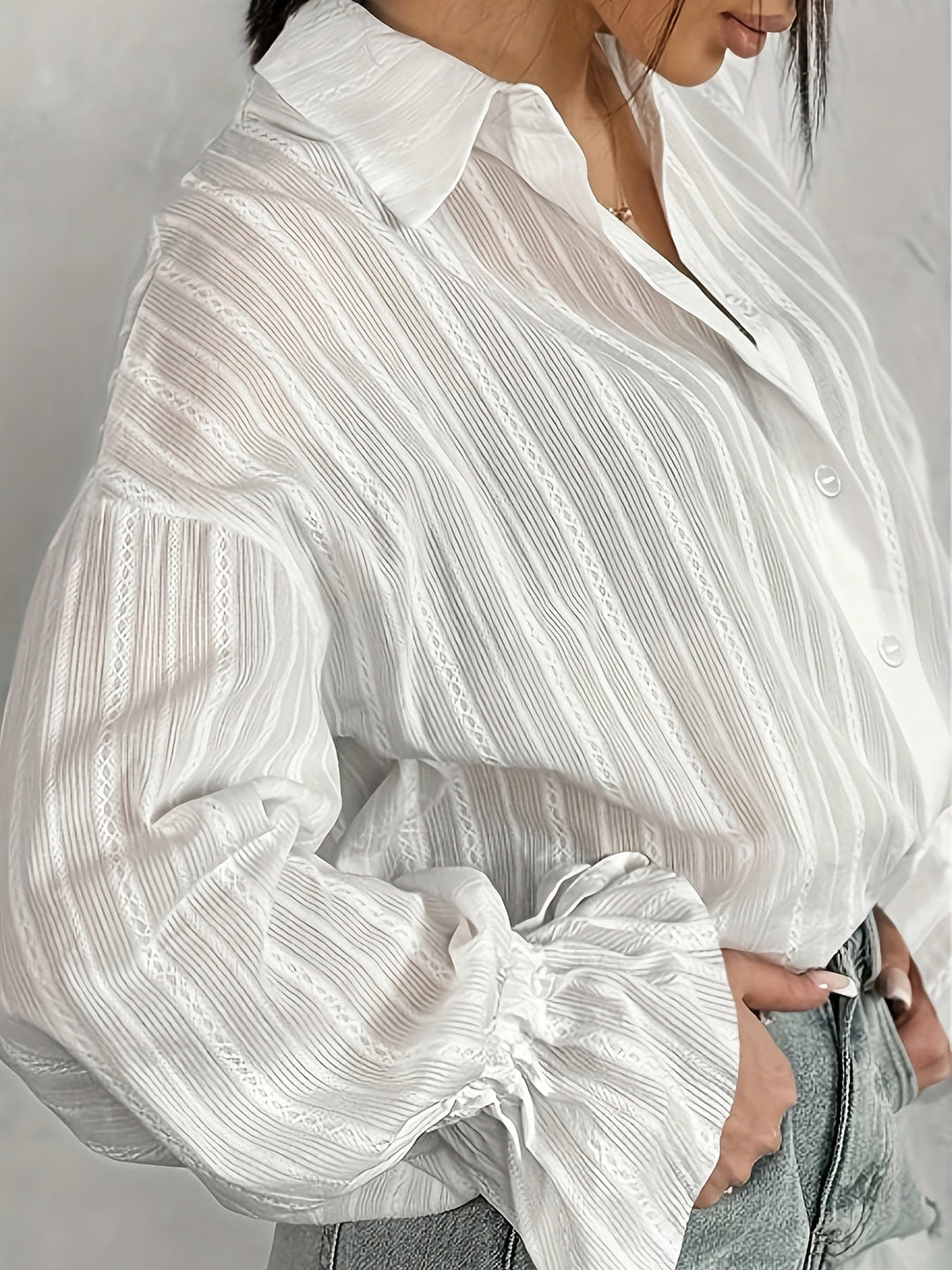 Women's -  Long Sleeve Linen Blouse - Collared & Semi-Transparent Shirt - Stylish Women's Top