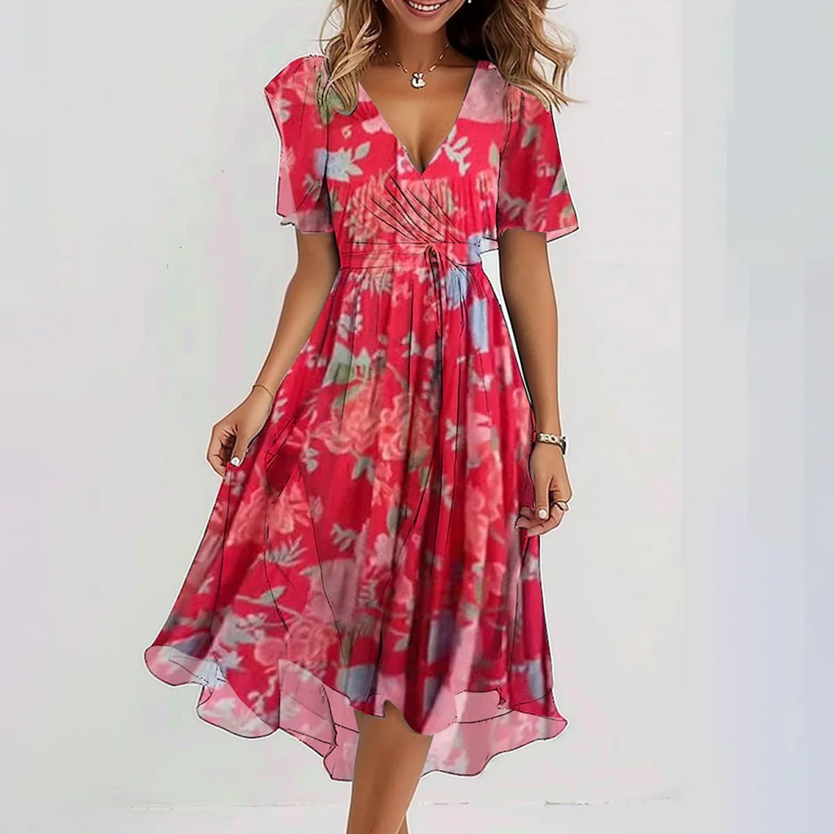 Women's - Elegant Floral Midi Dress - Lightweight & Stylish
