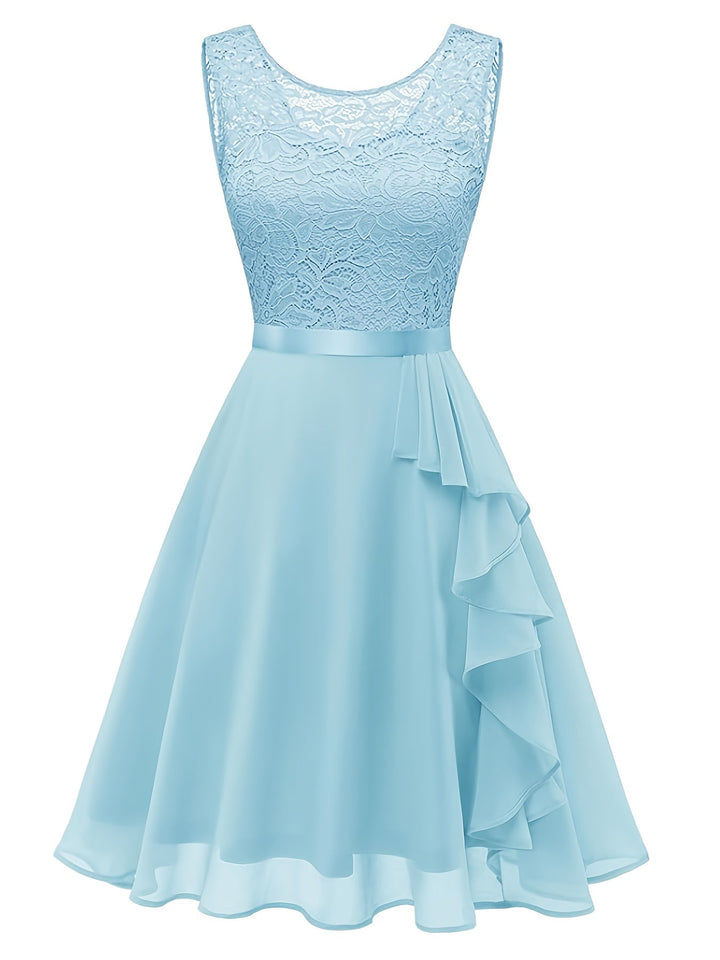Women’s - Summer Dress - Pleated A-line with Lace Patchwork - Elegant Knee-Length Round Neck Style
