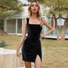 Modern Square Neckline Solid Colour Hip Slim Fit Dress