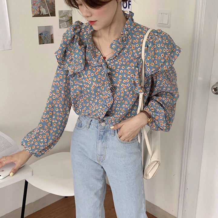 French Retro Floral Blouse Women Wood Ear Shirt Women