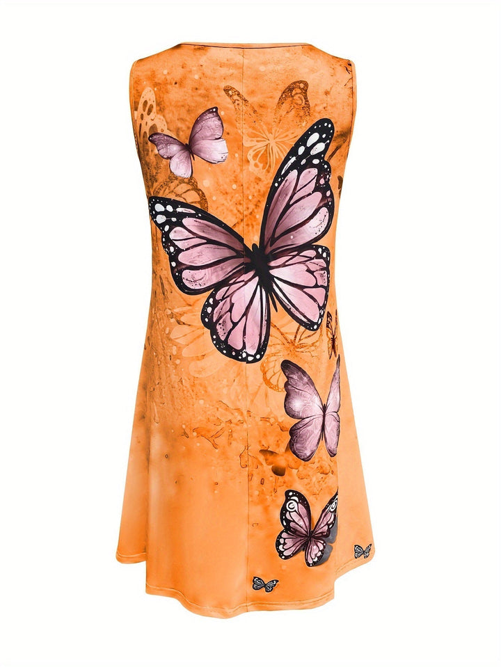 Women's - Butterfly Print Summer Dress - Sleeveless, Round Neck, Loose Fit - Perfect for Warm Weather