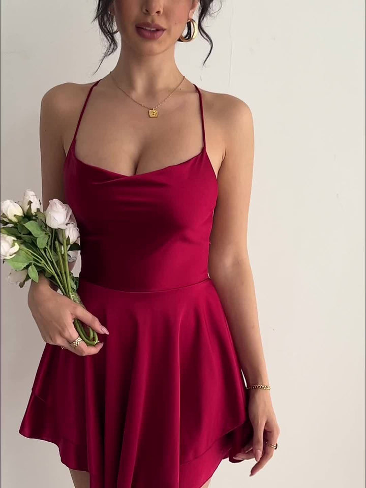 Women's - Elegant Summer Dress - Satin, Spaghetti Straps, Lacing, Double-Layered Hem - Perfect for Summer Days