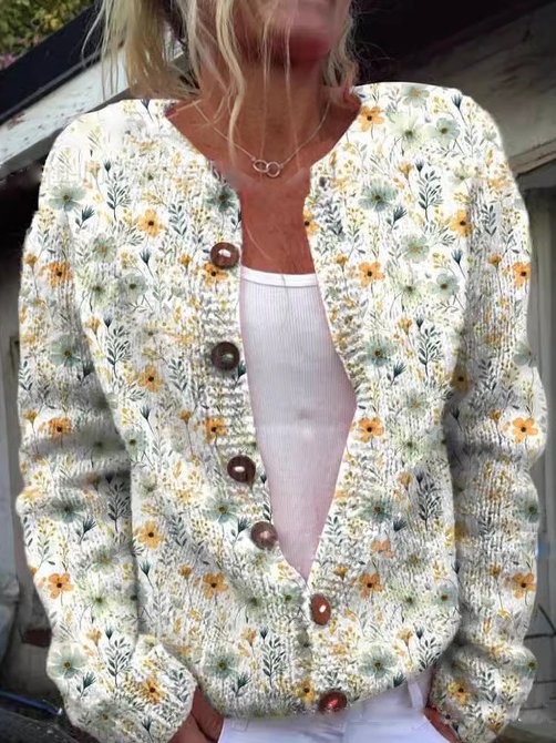 Women's - Cardigan - Floral Pattern - Round Neckline - Cozy Style