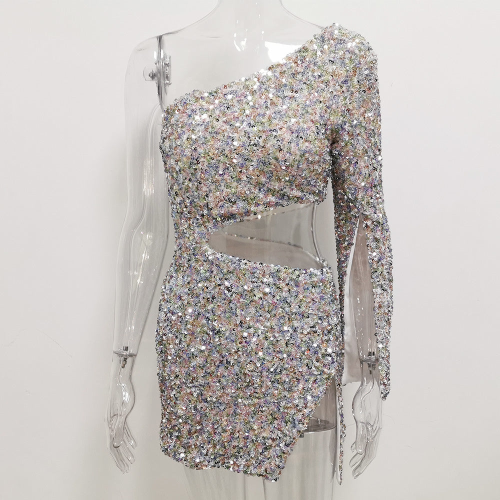 Fashionable sequin shoulder high waist hollow-out dress