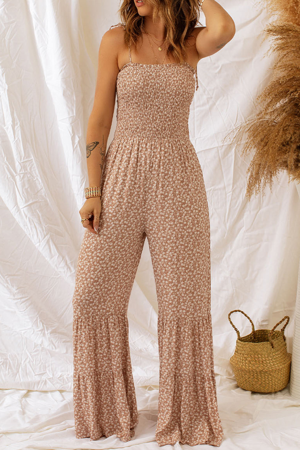 Floral spaghetti strap smocking jumpsuit with wide leg