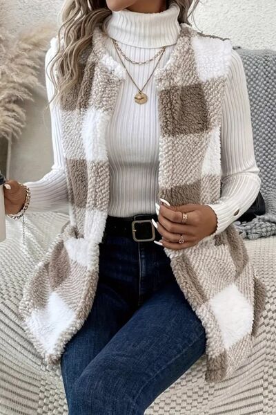 Women's - Cosy Sherpa Plaid Open Front Vest Coat - Stylish Layering Essential