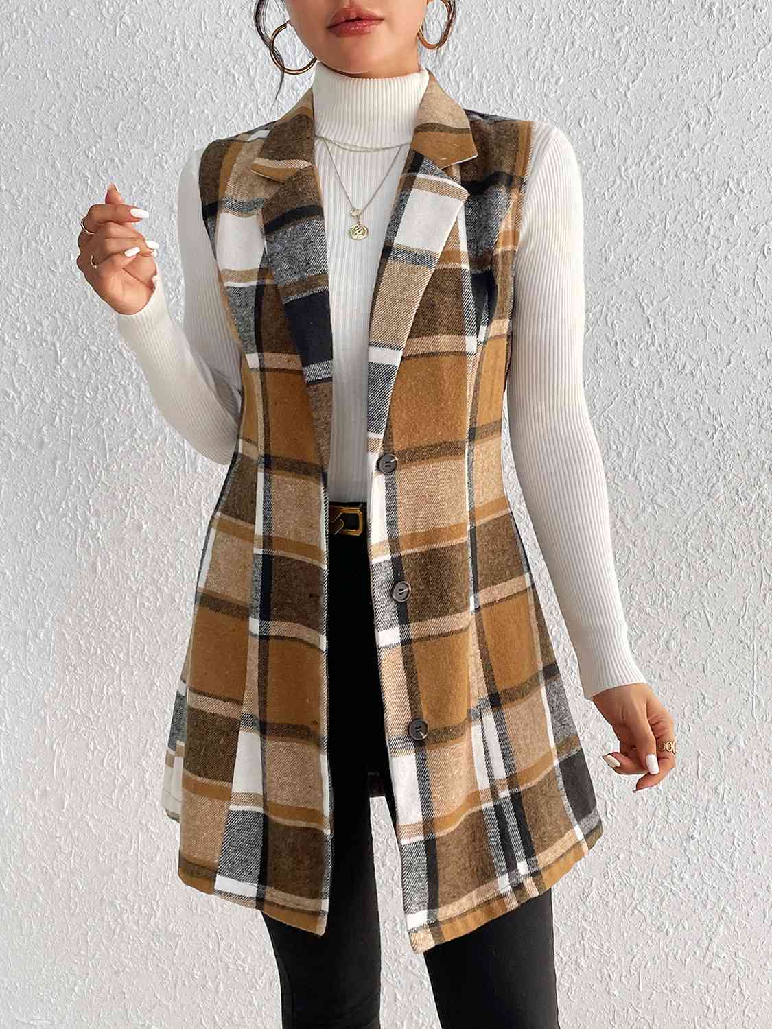 Women's - Chic Plaid Lapel Collar Vest - Stylish Layering Essential