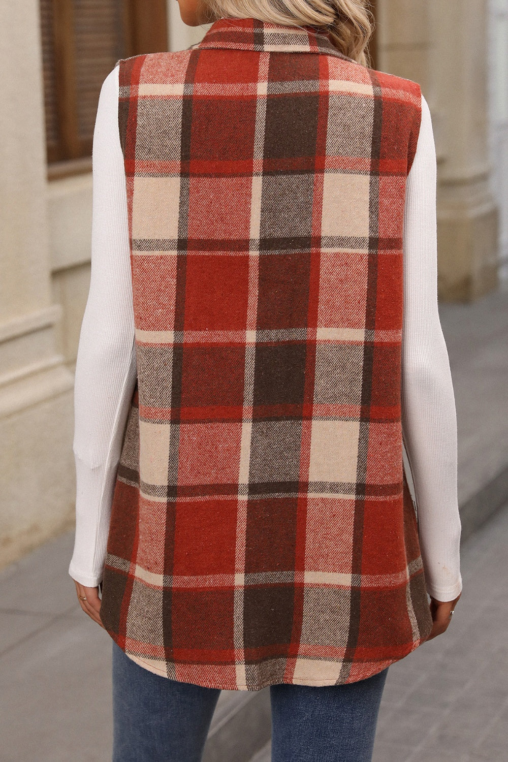 Women's - Plaid Button Up Vest Coat - Stylish Layering Piece - Classic Design for All Occasions