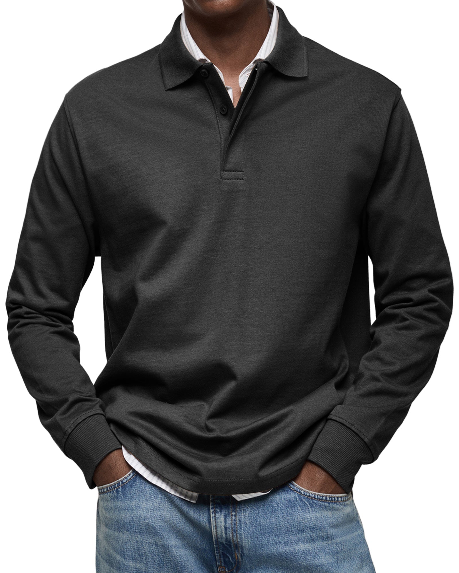 Men's - Polo Shirt - Casual Cotton Knit - Long Sleeve  - Smart Casual Top