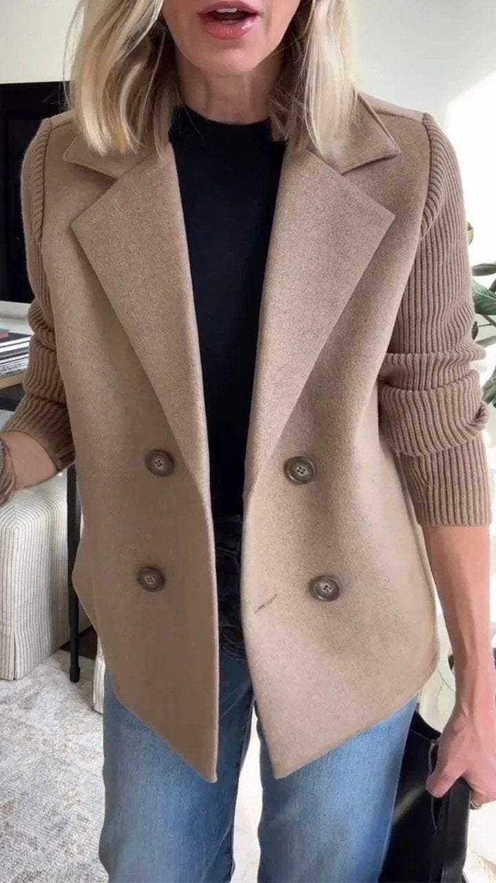 Women's - Blazer - Fabric Blend - Knit Sleeves - Elegant Office Jacket