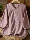 Women's - Linen Shirt - Women's 3/4 Sleeves, Pearl Buttons & Embroidery, Retro Style with Slanted Hem