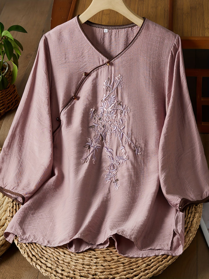 Women's - Linen Shirt - Women's 3/4 Sleeves, Pearl Buttons & Embroidery, Retro Style with Slanted Hem