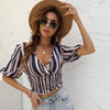 Striped Waist Slim Slim Short Sleeve Blouse with V-Neck