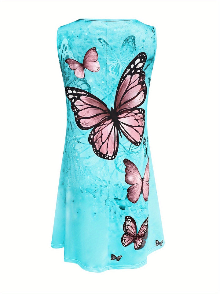 Women's - Butterfly Print Summer Dress - Sleeveless, Round Neck, Loose Fit - Perfect for Warm Weather