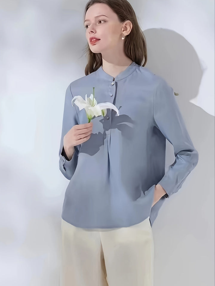 Women's - Linen Shirt - Light Blue Long-Sleeved with Split Sleeves - Elegant and Comfortable Style