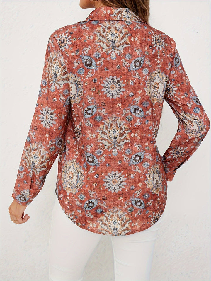 Women's - Long Sleeve Linen Shirt - Floral Pattern, Button Placket & White Cuffs - Stylish Summer Essential