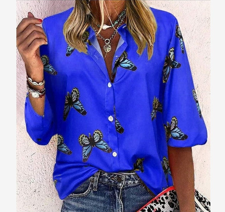 Trendy New Butterfly Print Lapel Blouse Fashion