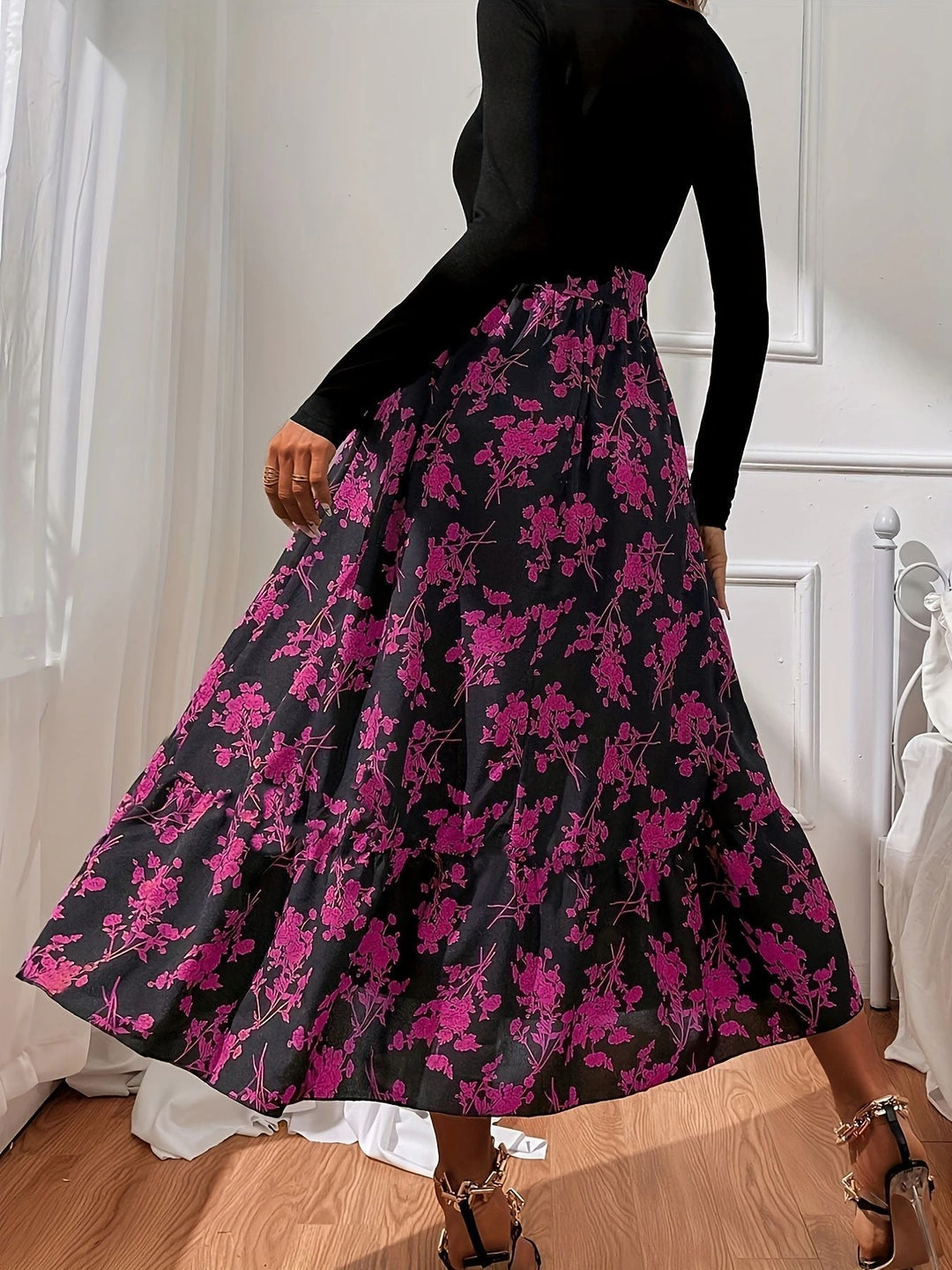 High quality women's V-neck flounce floral dress